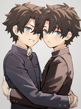 2boys black_hair black_jacket blue_eyes chinese_commentary chocomirukuaji chromatic_aberration commentary_request dual_persona fate/grand_order fate_(series) fujimaru_ritsuka_(male) gakuran hug jacket male_focus multiple_boys school_uniform smile