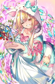 Rule 34 | 1girl, absurdres, animal ears, animal hood, blonde hair, blue hoodie, character doll, commentary request, dark-skinned female, dark elf, dark skin, doll, elf, fake animal ears, highres, hololive, hood, hoodie, houshou marine, looking at viewer, low twintails, multicolored hair, official alternate costume, one eye closed, orange eyes, pointy ears, rabbit hood, shiranui flare, shiranui flare (loungewear), shirogane noel, solo, streaked hair, twintails, usada pekora, virtual youtuber, white streaks, yuutarou (fukiiincho)