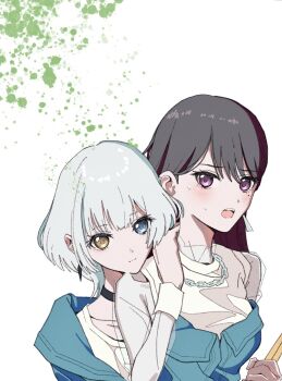 2girls bang_dream! bang_dream!_it's_mygo!!!!! black_choker black_hair bloom_into_me15 blue_eyes blush choker closed_mouth commentary_request earclip earrings hand_on_own_neck heterochromia highres jewelry kaname_raana long_hair mole mole_under_eye multiple_girls open_mouth purple_eyes shiina_taki short_hair teeth upper_body upper_teeth_only white_hair yellow_eyes