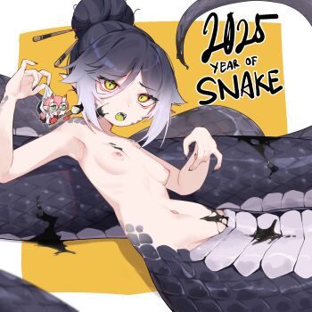 2025 2girls animal black_hair breasts chinese_zodiac colored_tongue completely_nude dated fangs gradient_hair green_eyes green_tongue hair_bun hair_ornament hair_stick highres holding holding_animal ink jknor lamia looking_at_viewer mini_person minigirl monster_girl multicolored_hair multiple_girls new_year nipples nude original pointy_ears pussy simple_background slit_pupils small_breasts snake white_hair year_of_the_snake yellow_background