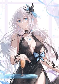 1girl black_dress blue_eyes breasts breasts_apart champagne_flute commentary cup dress drinking_glass fuuro_(johnsonwade) hair_between_eyes hair_ornament hand_up highres long_hair medium_breasts original parted_lips sleeveless sleeveless_dress solo very_long_hair white_hair