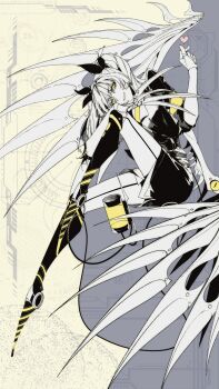 1girl black_bow black_jacket black_skirt bow claws colored_skin doll_joints finger_heart from_side full_body garter_straps hair_bow hand_on_own_knee head_on_hand heart highres humanization j_(murder_drones) jacket joints leg_up looking_at_viewer mechanical_legs mechanical_wings mitsuwaterh2o multiple_hair_bows murder_drones necktie sitting skirt slit_pupils smile solo tail twintails white_skin wings yellow_eyes yellow_necktie yellow_theme