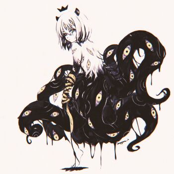 1girl :t absurdres artist_name bandaged_arm bandages bare_back black_sclera black_skin colored_sclera colored_skin commentary eldritch_abomination english_commentary expressionless floating from_behind grey_sclera highres horns limited_palette looking_at_viewer merpperoni original pale_skin signature simple_background slime_(substance) solo tentacle_arm tentacle_legs too_many_eyes torn_skin white_background white_hair yellow_eyes