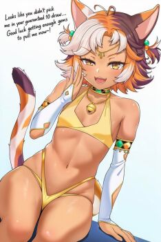 1girl ancient_egyptian_clothes animal_ears bangle bikini border bracelet bridal_gauntlets brown_border cat_ears cat_tail choker commentary dark-skinned_female dark_skin english_commentary english_text fang forehead_jewel gold gold_bangle jewelry looking_at_viewer mesugaki mikesaysdesu necklace nekopara nekopara_sekai_connect orange_eyes saffron_(nekopara) smile smug swimsuit tail usekh_collar white_bridal_gauntlets