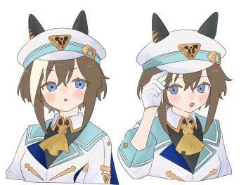 Rule 34 | 1girl, animal ears, blue eyes, blush, breasts, brown hair, cheval grand (grand itineraire) (umamusume), cheval grand (umamusume), ear covers, ears through headwear, hair between eyes, hashtag-only commentary, hat, hat belt, highres, horse ears, horse girl, looking at viewer, multicolored hair, ofo j1, open mouth, peaked cap, simple background, single ear cover, streaked hair, umamusume, v sisters, white background, white hair, white hat