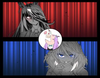 3girls ahoge animal_ears aqua_bow aqua_bowtie biting_own_lip blue_background blue_eyes bow bowtie braid bright_pupils cake cake_slice commentary cross donut ear_bow earrings eyebrows_hidden_by_hair finger_to_mouth food fukuro_(maruaru00) genderswap genderswap_(mtf) gesugao glaring glazed_donut hair_over_one_eye head_tilt highres horse_ears horse_girl ice_cream inverted_cross inverted_cross_earrings jewelry long_bangs medium_hair mejiro_mcqueen_(umamusume) multicolored_hair multiple_girls necktie original personification purple_eyes purple_hair red_background red_eyes sanpaku short_braid single_earring smile smirk soccer_boy_(racehorse) soft_serve sunday_silence_(racehorse) twin_braids umamusume