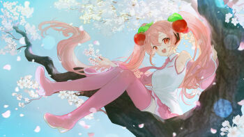 1girl alternate_hairstyle asukayou blush branch breasts cherry_hair_ornament collared_shirt commentary_request day detached_sleeves falling_petals floral_print flower food-themed_hair_ornament hair_between_eyes hair_ornament hatsune_miku headset highres long_hair long_sleeves looking_at_viewer medium_breasts miku_day necktie official_alternate_costume open_mouth outdoors petals pink_eyes pink_flower pink_hair pink_necktie pink_petals pink_skirt sakura_miku shirt sitting sitting_on_branch skirt sleeveless sleeveless_shirt smile spring_(season) twintails very_long_hair vocaloid white_trim wide_sleeves