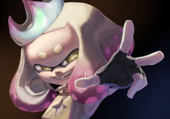 Rule 34 | black gloves, commentary request, crown, dbwuqldvec82805, fang, fingerless gloves, gloves, gradient hair, highres, inkling, looking at viewer, medium hair, mole, mole under mouth, multicolored hair, nintendo, pearl (splatoon), short eyebrows, simple background, smile, splatoon (series), splatoon 2, tentacle hair, white hair, yellow eyes, zipper pull tab