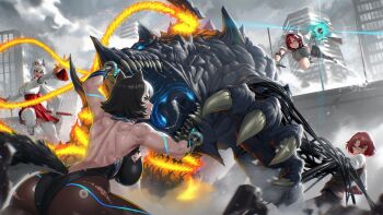 4girls animal_ear_hood animal_ears aria_(crystalplanet00) ascary back_muscles backless_leotard bare_back battle black_leotard black_sclera black_tail blue_eyes bound breasts brown_pantyhose building city claws clenched_teeth coat colored_sclera commentary commission day dog_ears dog_girl dog_tail elanin_sikudar english_commentary fake_animal_ears fire full_body glowing glowing_hand green_eyes grey_sky grey_tail hakama hakama_skirt highres hood hood_up hooded_coat imminent_punch japanese_clothes jumping kaiju kanami_yano_(uzumesguard) katana kimono large_breasts lens_flare leotard linmei_quan long_hair median_furrow miko monster multiple_girls open_clothes open_coat original outdoors outstretched_arms pants pantyhose parted_bangs ponytail pyrokinesis red_eyes red_hair red_hakama red_skirt restrained ring_light_reflection rope sharp_teeth sheath shirt short_hair skirt sky strong sword tabi tail teeth tentacles tentacles_as_hands thighhighs tied_up_(nonsexual) torn_clothes torn_leotard vest weapon white_coat white_hair white_kimono white_shirt white_thighhighs
