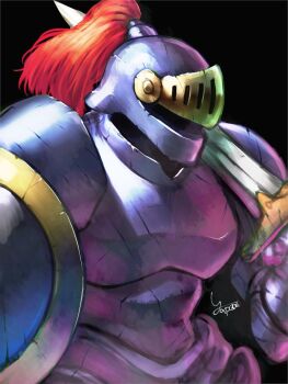 Rule 34 | asymmetrical dual wielding, black background, commentary request, creature, creature focus, dragon quest, dual wielding, helmet, holding, holding shield, holding sword, holding weapon, knight, monster, monster focus, no humans, plume, restless armour, shield, silver armor, sword, weapon, yapo (croquis side)