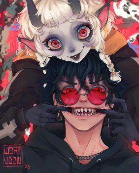 1boy 1other aegyo_sal animal_request bags_under_eyes black_gloves black_hoodie blunt_bangs braid chain chain_necklace chin_rest colored_tips cross cross_earrings double-parted_bangs earrings fingers_to_mouth forced_smile furrowed_brow glasses gloves grin head_on_head head_rest highres hood hood_down hoodie horns jewelry looking_at_viewer multicolored_hair necklace original red-tinted_eyewear red_eyes sharp_teeth smile teeth tinted_eyewear upper_body white_hair wormudon