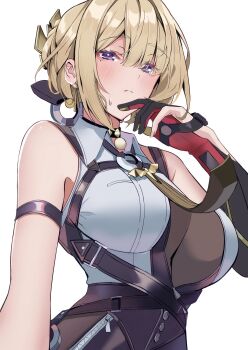 1girl bare_arms breasts chest_harness collared_shirt duplicate evelyn_chevalier hair_up harness hashtag-only_commentary high-waist_pants highres latex_pants long_ribbon nakano_kura necktie pants shirt sleeveless sleeveless_shirt solo tight_clothes tight_pants white_shirt yellow_necktie zenless_zone_zero