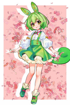 1girl absurdres adapted_costume animal_ears bilingual_commentary border bow commentary english_commentary flower footwear_bow full_body green_hair green_shoes green_skirt grin highres long_sleeves miniskirt mixed-language_commentary ojou-sama_zundamon orange_bow outside_border petticoat pink_background pink_flower puffy_long_sleeves puffy_sleeves red_bow shirt shoes short_hair skirt sleeve_bow smile socks solo suspender_skirt suspenders tail tsukiyono_aroe voiceroid voicevox white_border white_shirt white_socks yellow_eyes zundamon