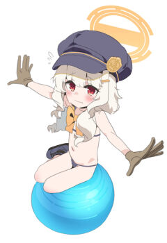 1girl aoba_(blue_archive) ball bikini black_bikini black_hat black_shoes blue_archive bow bowtie brown_gloves closed_mouth commentary_request exercise_ball flat_chest flying_sweatdrops gloves hair_ornament hairclip halo hat highres loli long_hair looking_at_viewer micro_bikini navel newsboy_cap outstretched_arms peaked_cap red_eyes saeki_tatsuya shoes simple_background solo spread_arms swimsuit variant_set white_background white_hair yellow_bow yellow_bowtie yellow_halo