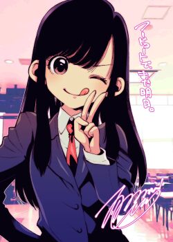 Rule 34 | 1girl, ;q, black hair, black jacket, blazer, brown eyes, classroom, collared shirt, commentary request, food court de mata ashita, highres, indoors, jacket, long hair, long sleeves, looking at viewer, nariie shin'ichirou, necktie, one eye closed, red necktie, shirt, signature, solo, tongue, tongue out, translation request, upper body, v, wada (food court), white shirt