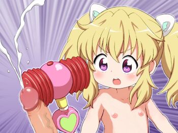 1boy 1girl age_difference aquarion_logos attack blonde_hair blush cum decensored ejaculation erection flat_chest hammer heart hitting lasto loli nipples nude nude_filter penis tagme third-party_edit toy_hammer twintails uminagi_karan