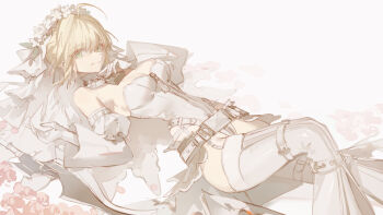 1girl absurdres bare_shoulders belt blonde_hair bodysuit breasts bridal_veil chain cosplay curvy detached_sleeves fate/extra fate/extra_ccc fate/grand_order fate_(series) flower flower_wreath full-length_zipper gloves green_eyes hair_between_eyes hair_intakes hands_up head_wreath highres holding holding_weapon leotard lie_flat lock looking_at_viewer loose_belt luozhou_pile medium_breasts nero_claudius_(bride)_(fate) nero_claudius_(bride)_(second_ascension)_(fate) nero_claudius_(fate) padlock padlocked_collar pink_flower puffy_detached_sleeves puffy_sleeves short_hair smile solo sword thighhighs thighs veil weapon white_bodysuit white_gloves white_leotard white_sleeves zipper zipper_pull_tab