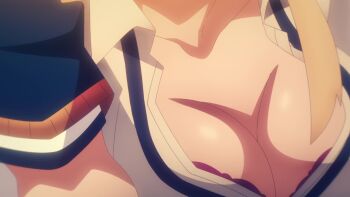 1boy 1girl animated blonde_hair breast_focus breasts cleavage collarbone highres kekkon_yubiwa_monogatari large_breasts long_hair nonaka_himeno solo tagme video