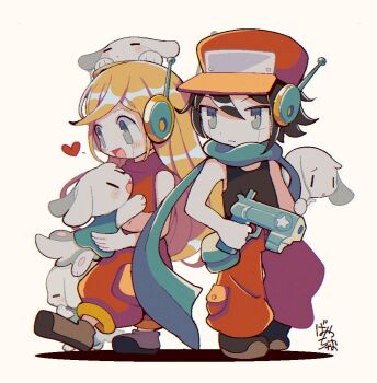 1boy 1girl bayachao black_hair black_tank_top blonde_hair blue_dress blue_eyes blue_scarf blush brown_footwear cargo_pants closed_eyes closed_mouth curly_brace doukutsu_monogatari dress expressionless full_body gun heart holding holding_gun holding_weapon hug long_hair mechanical_antennae mimiga on_head open_mouth pale_skin pants quote_(cave_story) red_headwear red_pants red_shirt robot scarf shirt short_hair signature smile solid_eyes standing tank_top tongue weapon white_background