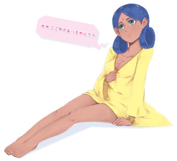 barefoot bindi blue_hair breasts cleavage dark-skinned_female dark_skin dorogumi female_focus green_eyes gundam lalah_sune mobile_suit_gundam solo sweat
