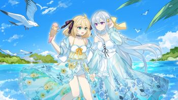 2girls ahoge anisphia_wynn_palettia bird black_ribbon blonde_hair blue_sky closed_mouth cloud commentary day euphyllia_magenta food green_eyes hair_ribbon highres holding holding_food holding_hands holding_ice_cream ice_cream ice_cream_cone medium_hair multiple_girls ningogogog19911 ocean outdoors purple_eyes ribbon seagull shorts sky smile symbol-only_commentary tensei_oujo_to_tensai_reijou_no_mahou_kakumei white_background white_shorts yellow_ribbon