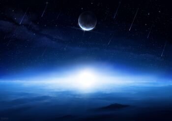 above_clouds absurdres artist_name black_sky cloud commentary_request highres horizon meteor_shower milky_way moon night no_humans original outdoors sasa_(akfn3283) scenery sky star_(sky) starry_sky watermark