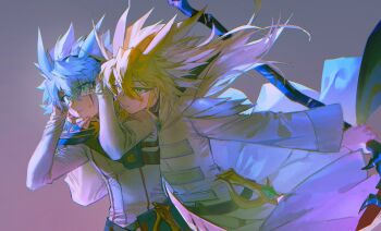 2boys alien_888 antenna_hair armor behind_another belt_pouch blonde_hair blue_hair coat facial_mark facing_another facing_to_the_side gradient_background green_eyes hair_between_eyes hand_on_another's_chin hand_on_another's_face hand_on_own_head hands_up headphones highres holding holding_scythe holding_weapon kuaidul_velgear leaning_on_person long_hair looking_ahead looking_at_another male_focus multiple_boys pouch scabbard scythe sheath sheathed shoulder_armor sleeves_past_wrists spiked_hair surprised sweatdrop upper_body weapon white_coat wide-eyed wind yu-gi-oh! yu-gi-oh!_go_rush!! yudias_velgear
