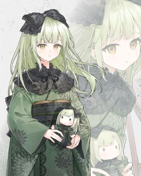 1girl bang_dream! bang_dream!_it's_mygo!!!!! black_bow black_sash bow closed_mouth commentary floral_print frilled_bow frills green_hair green_kimono hair_bow hashtag-only_commentary highres japanese_clothes kimono long_hair long_sleeves multiple_views obi rudrawong sash sidelocks wakaba_mutsumi wakaba_mutsumi_(doll) yellow_eyes zoom_layer