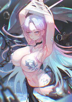 1girl absurdres air_bubble annasui_factory aqua_hair armpits arms_up artist_name azur_lane black_background black_collar blurry blush bound bound_wrists breasts bubble chain chained chromatic_aberration cleavage collar collarbone colored_inner_hair commentary curtained_hair depth_of_field earrings english_commentary fins ganj-i-sawai_(azur_lane) ganj-i-sawai_(mermaid_in_distress)_(azur_lane) glint halo highres jewelry large_breasts leash looking_at_viewer mermaid monster_girl multicolored_hair navel official_alternate_costume parted_bangs parted_lips pearl_earrings pink_hair pink_halo purple_eyes scales sideboob solo stomach teeth torn_clothes underboob underwater
