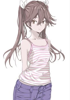 1girl alternate_costume arm_behind_back blue_shorts breasts brown_eyes brown_hair chakoru cowboy_shot hair_between_eyes highres kantai_collection looking_at_viewer pink_tank_top shorts small_breasts solo standing striped_tank_top tank_top tone_(kancolle) twintails