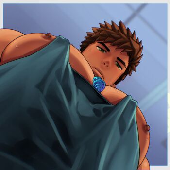 Rule 34 | 1boy, alex (stardew valley), arima (arima bn), bara, blank stare, brown hair, dark-skinned male, dark skin, foreshortening, from below, green eyes, green tank top, highres, jewelry, large pectorals, looking at viewer, looking down, male focus, meme, muscular, muscular male, necklace, necklace between pecs, nipple slip, nipples, pectoral cleavage, pectoral focus, pectorals, photo-referenced, protected link, shell, shell necklace, short hair, sidepec, solo, stardew valley, sweat, tank top, thick eyebrows, upper body, pec pov (meme)