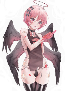 Rule 34 | 1girl, :d, absurdres, bandaid, bandaid on face, bandaid on nose, bell, bird wings, black bow, black collar, black panties, black thighhighs, black wings, blood, blood on hands, blush, bow, bowtie, breasts, collar, commentary request, covering breasts, covering privates, cowboy shot, gluteal fold, hair between eyes, hair bow, halo, highres, looking at viewer, multiple wings, neck bell, open mouth, original, panties, pink bow, pink bowtie, pink eyes, pink hair, shin maboroshi, short hair, sidelocks, simple background, skindentation, small breasts, smile, solo, standing, strap, thighhighs, thighs, underwear, white background, wings