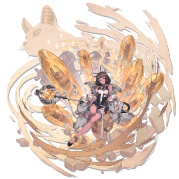 1girl :o amber_(gemstone) ancient_egyptian animal_ear_fluff animal_ears anklet anubis_(mythology) arknights bandages bare_legs beetle belt black_belt black_dress black_hair black_necktie black_shoes blue_belt blunt_bangs brick brown_theme bug cat cat_ears cat_girl cat_tail caution_tape collared_shirt dark-skinned_female dark_skin dress egyptian_mythology english_text flying framed_breasts full_body gem grey_belt hathor_(mythology) heart high_collar highleg highleg_dress highres holding holding_staff horus_(mythology) id_card insect jacket jewelry keep_out knees_together_feet_apart kuroboshi_kouhaku long_sleeves looking_at_viewer medium_hair miniskirt mio_(beast_lord)_(arknights) multiple_belts mummy necktie official_art open_clothes open_jacket open_mouth oversized_jacket pocket sand shirt shoes short_necktie simple_background sitting skirt sleeve_belt sleeveless sleeveless_shirt solo staff standing tachi-e tail taped_note thigh_belt thigh_strap third-party_source thoth_(mythology) titi_(arknights) transparent_background white_jacket white_shirt yellow_belt yellow_eyes