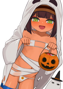 1girl :d ancient_egyptian astarte_(surio) bikini blush brown_hair cameltoe covered_erect_nipples dark-skinned_female dark_skin eyepatch_bikini fang flat_chest ghost_costume green_eyes hairband halloween halloween_bucket highres loli looking_at_viewer medjed_(mythology) navel open_mouth original simple_background skin_fang smile string_bikini surio swimsuit thigh_strap white_background white_bikini