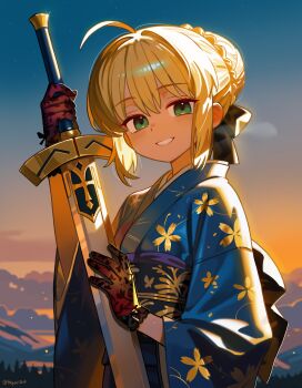 1girl absurdres ahoge artoria_pendragon_(fate) black_bow blonde_hair blue_kimono blush bow commentary english_commentary fate_(series) gloves green_eyes grin hair_bow hair_intakes hepari highres holding holding_sword holding_weapon japanese_clothes kimono long_sleeves looking_at_viewer making-of_available obi outdoors red_gloves saber_(fate) sash short_hair sidelocks smile solo sword twitter_username upper_body weapon wide_sleeves