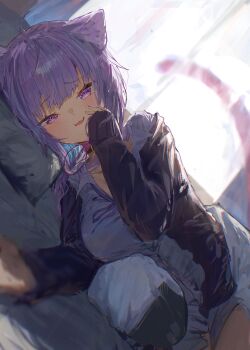 1girl :3 black_jacket blurry cat_girl cat_tail collared_shirt fang hand_on_own_face hashtag-only_commentary head_on_pillow highres hololive jacket kouchanthree long_sleeves looking_at_viewer lying nekomata_okayu on_bed on_side open_mouth pillow purple_eyes purple_hair shirt short_hair solo tail white_shirt