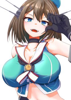 Rule 34 | 1girl, absurdres, aqua hat, beret, black gloves, blue eyes, blush, breasts, brown hair, cleavage, gloves, hair ornament, hairclip, hat, headgear, highres, kantai collection, large breasts, looking at viewer, maya (kancolle), maya kai ni (kancolle), midriff, mini hat, school uniform, short hair, sleeveless, solo, tastas, upper body, x hair ornament