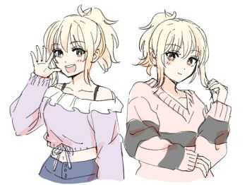 1girl :d bare_shoulders blonde_hair brown_eyes closed_mouth commentary_request frilled_shirt frills looking_at_viewer love_live! love_live!_nijigasaki_high_school_idol_club love_live!_nijigasaki_high_school_idol_club_the_movie_-_finale medium_hair midriff miyashita_ai multiple_views navel off-shoulder_shirt off_shoulder official_alternate_costume open_mouth pink_sweater ponytail purple_shirt shirt sidelocks simple_background smile solllolll strap striped_clothes striped_sweater sweater teeth upper_teeth_only v-neck white_background