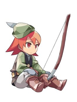 1girl anime_coloring archived_source belt belted_jacket black_jacket boots bow bow_(weapon) brown_boots buttons bycocket closed_mouth deformed feathers final_fantasy final_fantasy_iii full_body green_hat hair_between_eyes hat hat_feather holding holding_bow_(weapon) holding_weapon itsumo_nokoru jacket lace-up_boots no_nose orange_eyes orange_hair pants ranger_(final_fantasy) refia simple_background sitting solo square_enix stitches weapon white_background white_feathers white_pants yellow_belt