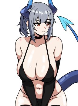 1girl absurdres alternate_breast_size_(larger) alternate_costume arknights bikini black_bikini black_gloves blue_horns blue_tail blush breasts cleavage closed_mouth collarbone commentary dragon_girl dragon_horns dragon_tail elbow_gloves embarrassed english_commentary gloves grey_hair highres horns large_breasts liskarm_(arknights) navel orange_eyes short_hair simple_background solo swimsuit tail tail_raised white_background witchrosemary