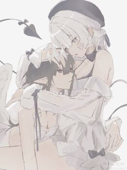 2girls absurdres bare_shoulders black_eyes black_hair black_ribbon bow breasts cleavage commentary demon_tail detached_sleeves dress fuyutsuki11 grey_eyes hair_between_eyes highres hug large_breasts leise_(fuyutsuki11) long_hair long_sleeves looking_at_another milaya_(fuyutsuki11) multiple_girls neck_ribbon original parted_lips pointy_ears ribbon simple_background tail tail_bow tail_ornament white_background white_dress white_hair white_wings wings yuri