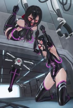 Rule 34 | 2girls, absurdres, armpits, arms behind back, ball gag, bdsm, black gloves, black hair, black thighhighs, blue eyes, bondage, bound, breasts, bubble (pixiv51545000), drooling, elbow gloves, gag, gag harness, gagged, gloves, highres, kneeling, legbinder, leotard, long hair, multiple girls, original, panel gag, red eyes, restrained, ring gag, sitting, skin tight, small breasts, suspension, thighhighs, tongue, tongue out, very long hair