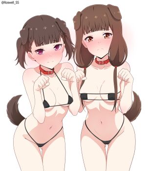 Rule 34 | 2girls, absurdres, animal ears, bare arms, belt collar, bikini, blush, braid, braided bangs, breasts, brown eyes, brown hair, closed mouth, collar, collarbone, commentary request, dog ears, dog tail, embarrassed, highres, iino miko, kaguya-sama wa kokurasetai ~tensai-tachi no renai zunousen~, kemonomimi mode, looking at viewer, medium hair, micro bikini, multiple girls, navel, nose blush, paw pose, pet play, purple eyes, red collar, roswell ss, shijou maki, short hair, simple background, skindentation, small breasts, swimsuit, tail, tail raised, thighs, twintails, white background