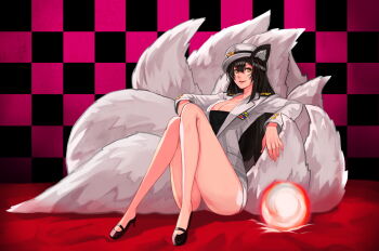 1girl ahri_(league_of_legends) alternate_costume animal_ears black_hair breasts buttons checkered_background cleavage cosplay energy_ball facial_mark female_focus fox_ears fox_tail full_body generation_ahri girls'_generation goomrrat hair_between_eyes hat high_heels k-pop knees_up league_of_legends legs long_hair long_legs long_sleeves medal military military_uniform multiple_tails naval_uniform peaked_cap shoes short_shorts shorts sitting slit_pupils smile solo tail whisker_markings yellow_eyes