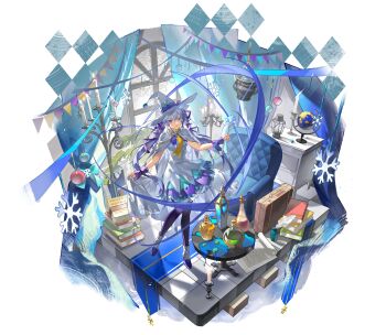 Rule 34 | absurdres, blue eyes, blue hair, book, book stack, bottle, candle, candlestand, cape, commentary request, dress, faux figurine, hair ribbon, hat, hatsune miku, highres, holding, holding staff, labroiy, long hair, looking at viewer, purple ribbon, ribbon, snowflakes, staff, standing, string of flags, tachi-e, transparent background, very long hair, vocaloid, white cape, window, witch hat, yuki miku, yuki miku (2014)