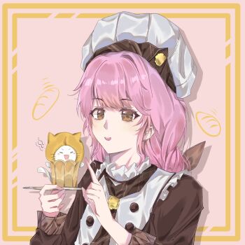 1girl ^_^ animal apron ascot baguette blunt_bangs blush_stickers bow bread brown_ascot brown_bow brown_eyes buttons cat chef_hat cloak closed_eyes clothed_animal commentary_request cqmuzimian cup ear_covers eyelashes flat_top_chef_hat food frilled_apron frills hair_bow happy hat highres holding holding_saucer hood hood_up hooded_cloak infinity_nikki long_hair long_sleeves looking_at_animal low_twintails momo_(nikki) motion_lines nikki_(nikki) nikki_(series) open_mouth outside_border petting picture_frame pink_background pink_hair saucer shout_lines smile striped_ascot sweet_traces_(infinity_nikki) teacup teeth twintails undersized_animal upper_body upper_teeth_only whiskers white_apron white_cat white_hat yellow_cloak