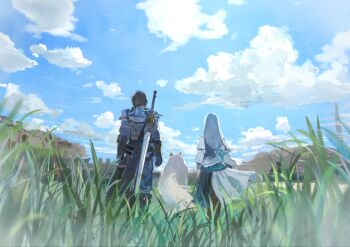 1boy 1girl armor black_hair blue_ribbon blue_skirt blue_vest blurry blurry_foreground clive_rosfield cloud cloudy_sky commentary english_commentary facing_away final_fantasy final_fantasy_xvi from_behind grass grey_hair hair_ribbon j2_path jill_warrick layered_skirt long_hair long_skirt low-tied_long_hair outdoors ribbon shirt short_hair shoulder_armor skirt sky sword sword_on_back torgal_(ff16) vest weapon weapon_on_back white_shirt white_skirt wolf