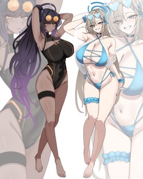 2girls absurdres alternate_costume aqua_bikini armpits arms_behind_head asuna_(blue_archive) barefoot bikini black_choker black_hair black_one-piece_swimsuit blonde_hair blue-tinted_eyewear blue_archive blush breasts casual_one-piece_swimsuit choker collarbone commentary covered_navel criss-cross_halter curvy dark-skinned_female dark_skin eyewear_on_head frilled_thigh_strap full_body groin halo halterneck heart heart-shaped_eyewear high_ponytail highleg highleg_bikini highleg_one-piece_swimsuit highres huge_breasts karin_(blue_archive) lengkuass long_hair looking_at_viewer multiple_girls navel one-piece_swimsuit orange-tinted_eyewear ponytail see-through_clothes see-through_shawl shawl side-tie_bikini_bottom smile stomach straight_hair swimsuit thigh_strap thong thong_bikini tinted_eyewear toes very_long_hair wide_hips zoom_layer