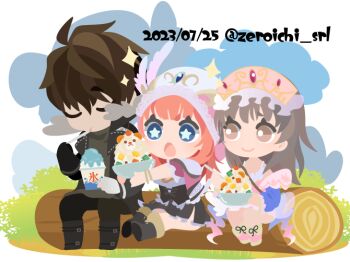 Rule 34 | 01 (zeroichi srl), 1boy, 2girls, :o, animal-themed food, atelier (series), atelier totori, blue eyes, boots, bowl, brown eyes, brown hair, chibi, chibi only, closed eyes, dated, eating, food, full body, holding, holding bowl, log, long hair, looking at another, multiple girls, open mouth, rorolina frixell, shaved ice, short hair, sitting, sitting on log, smile, sparkle, star-shaped pupils, star (symbol), sterkenburg cranach, symbol-shaped pupils, totooria helmold, twitter username