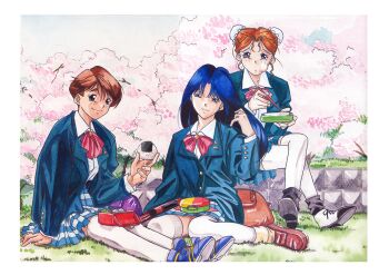1990s_(style) 3girls adjusting_hair bag blazer blue_eyes blue_hair blue_jacket blue_shoes blue_skirt border brown_eyes brown_hair brown_shoes bun_cover crossed_legs day double_bun eating food food_in_mouth fujiwara_aya hair_bun hayasaka_akira holding holding_food jacket loafers long_hair long_sleeves looking_at_viewer lunchbox miniskirt multiple_girls non-web_source official_art onigiri outdoors pleated_skirt red_eyes red_hair retro_artstyle rice school_bag shoes short_hair sitting skirt smile striped_clothes striped_skirt super_real_mahjong tanaka_ryou thighhighs toono_mizuki wariza white_border white_thighhighs zettai_ryouiki